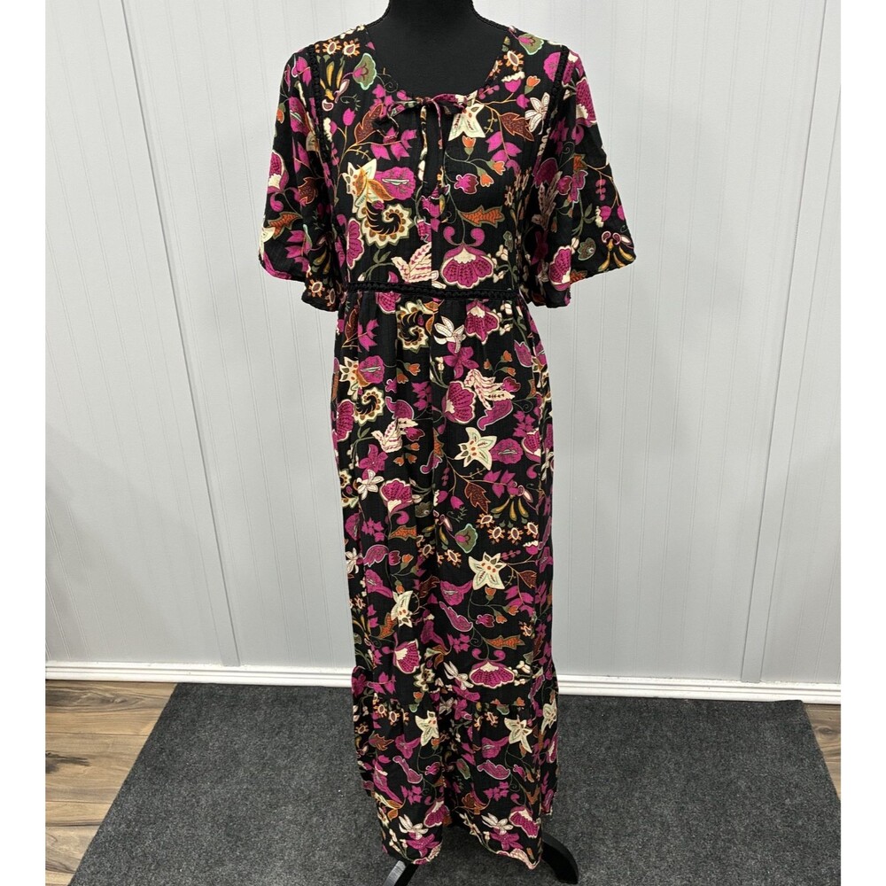 RusttyDustty Women's 2XL Black Floral Flutter Sleeve Maxi Boho Dress Cottagecore
